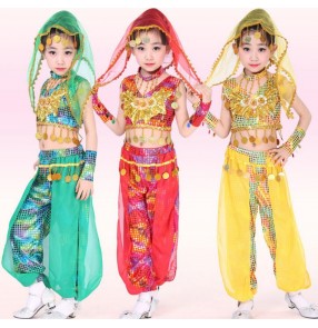 Red green yellow with head piece scarf sequined girls kids child children toddlers growth  school play indian belly dance costumes  stage performance outfits